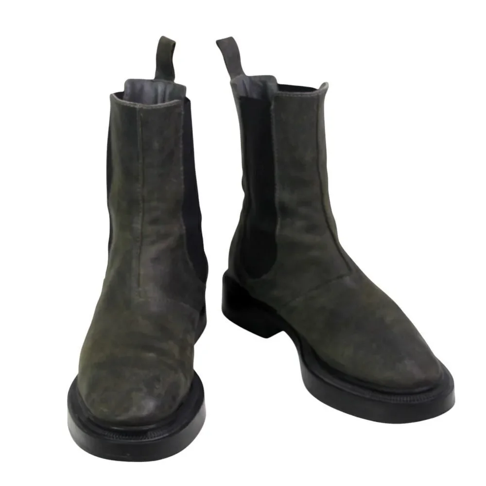 ALL BLACK GRAY REAL LEATHER LOW HEEL ROUND TOE ELASTIC SIDES ANKLE BOOTS Sz 37